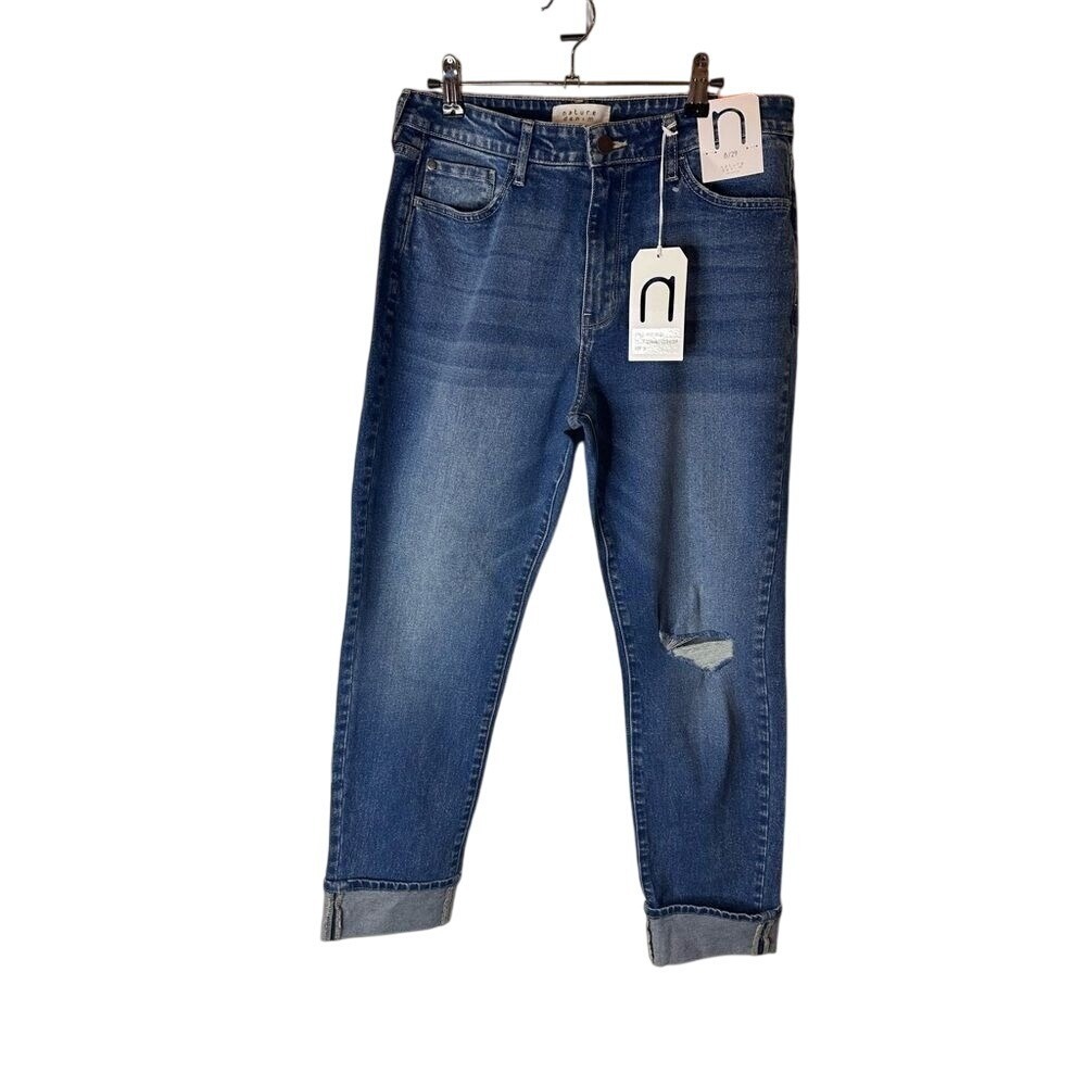 Nature Denim High Rise‎ Mom Jeans Medium Wash Distressed Size 8 29 NT3213M-SF